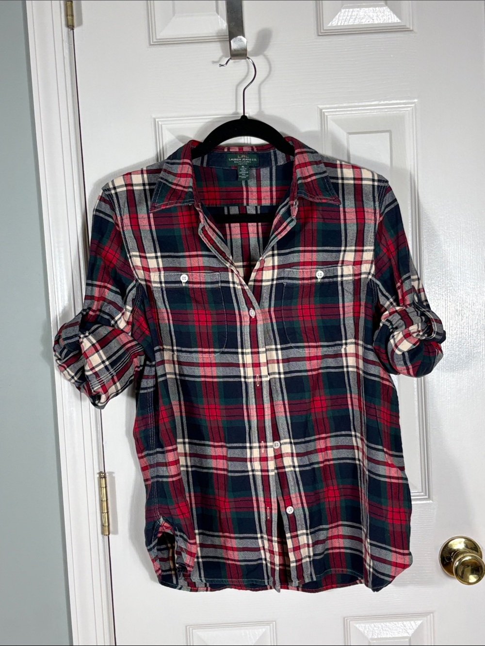 Ralph Lauren Red, Navy & Cream Plaid Button-Up Shirt